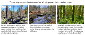 photo of food source, water source, and security cover for big game